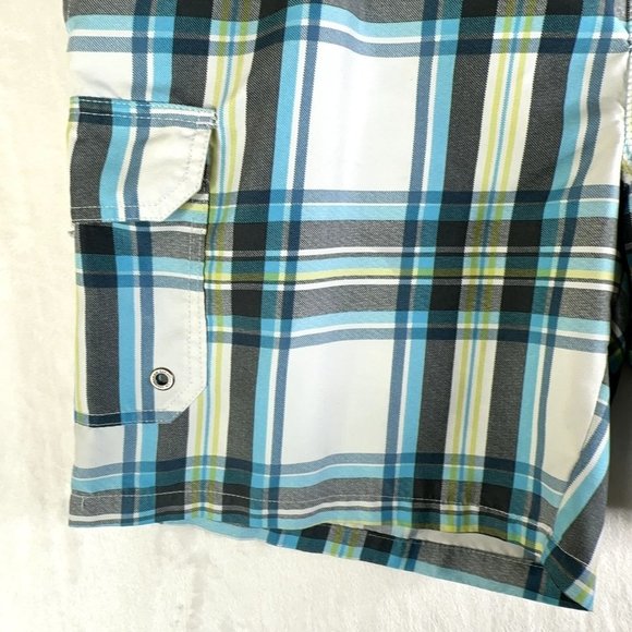 Caribbean Joe Mens Swim Trunks Large Aqua Green Gray Plaid Hawaiian Pocket GUC - Picture 10 of 14